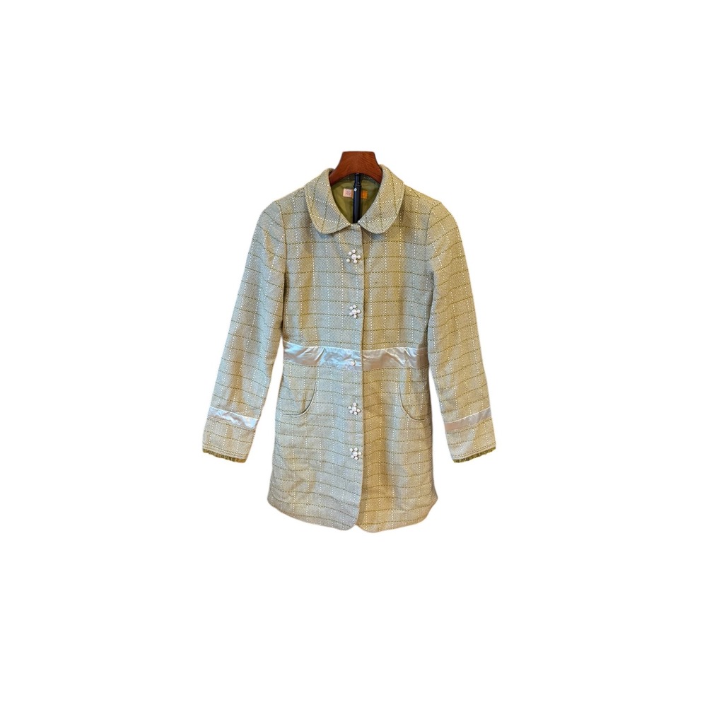 Tulle Green Herringbone Wool Blend Coat Peter Pan Collar anthropology pearl sz M